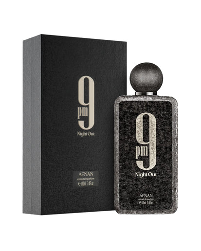 9 PM Night Out Afnan Eau de Parfum 100ml caja y frasco perfume audaz coñac cardamomo haba tonka