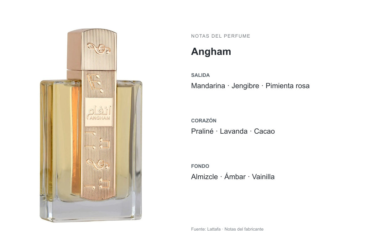 PERFUME LATTAFA ANGHAM: frasco original y notas publicadas por Lattafa. Salida: Mandarina, Jengibre, Pimienta rosa. Corazón: Praliné, Lavanda, Cacao. Fondo: Almizcle, Ámbar, Vainilla.