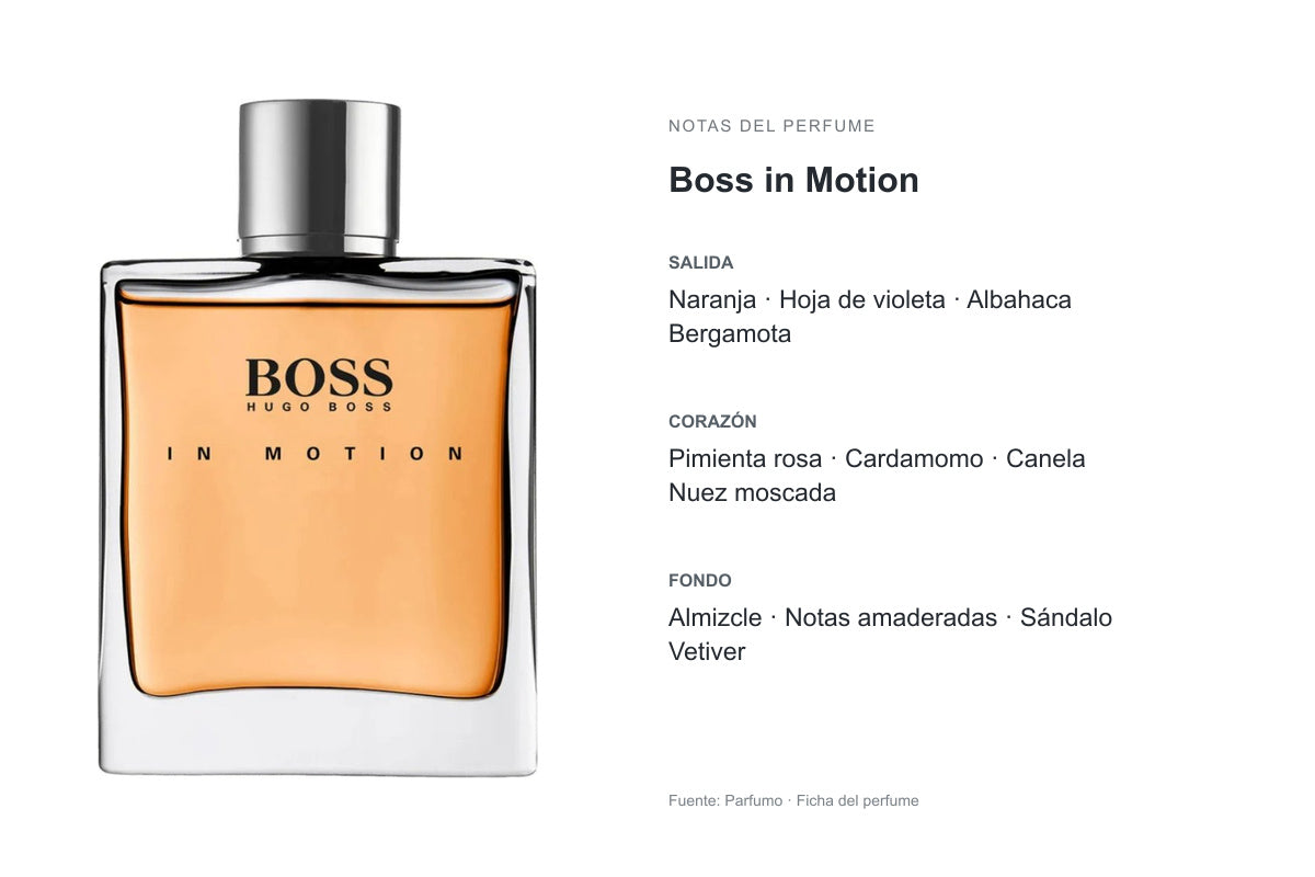 PERFUME HUGO BOSS IN MOTION: frasco original y notas publicadas por Parfumo. Salida: Naranja, Hoja de violeta, Albahaca, Bergamota. Corazón: Pimienta rosa, Cardamomo, Canela, Nuez moscada. Fondo: Almizcle, Notas amaderadas, Sándalo, Vetiver.