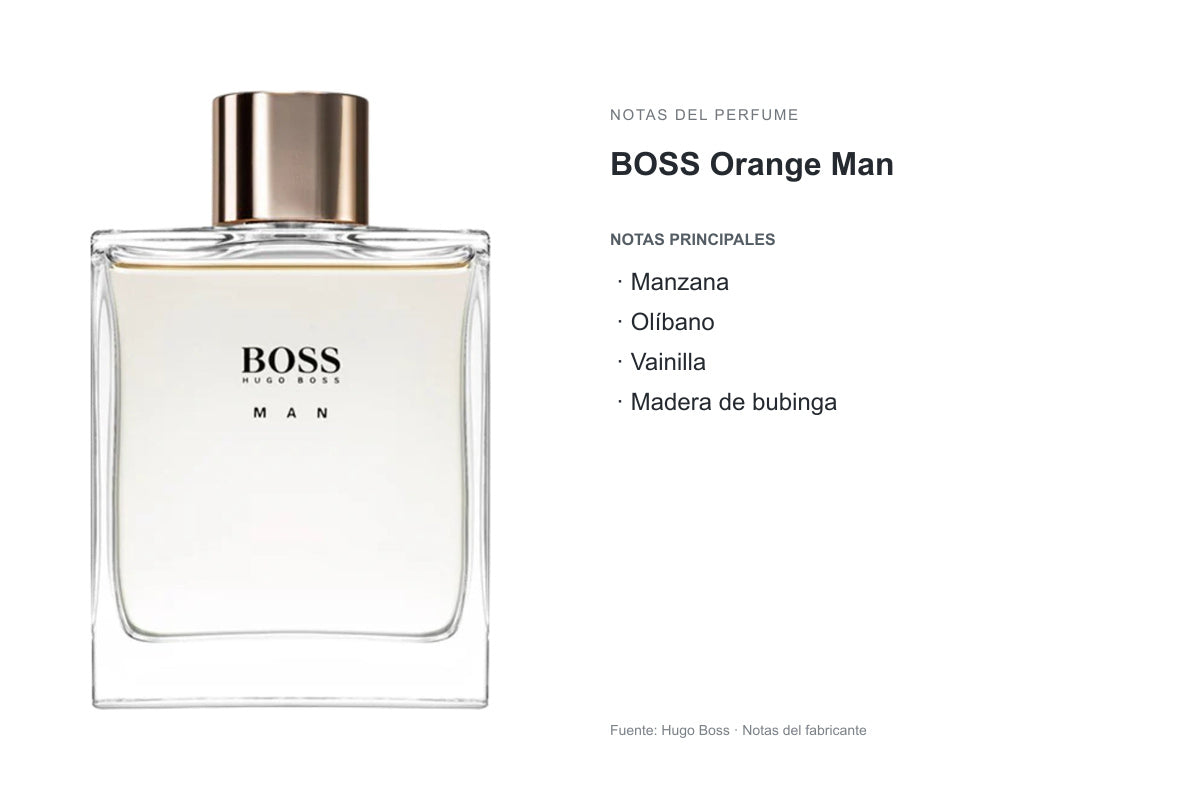 PERFUME HUGO BOSS ORANGE MAN: frasco original y notas publicadas por Hugo Boss. Notas principales: Manzana, Olíbano, Vainilla, Madera de bubinga.