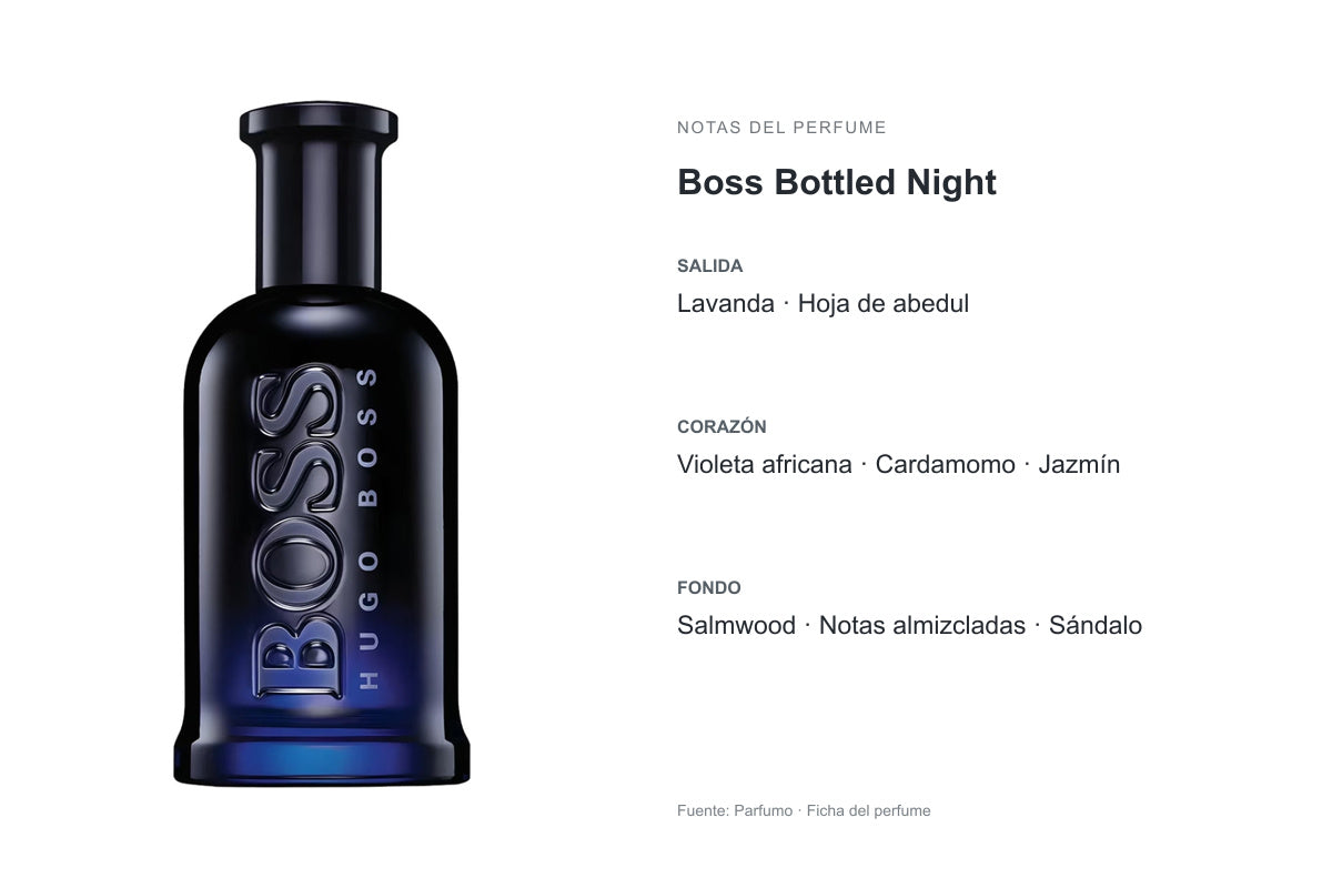 PERFUME HUGO BOSS BOTTLED NIGHT: frasco original y notas publicadas por Parfumo. Salida: Lavanda, Hoja de abedul. Corazón: Violeta africana, Cardamomo, Jazmín. Fondo: Salmwood, Notas almizcladas, Sándalo.