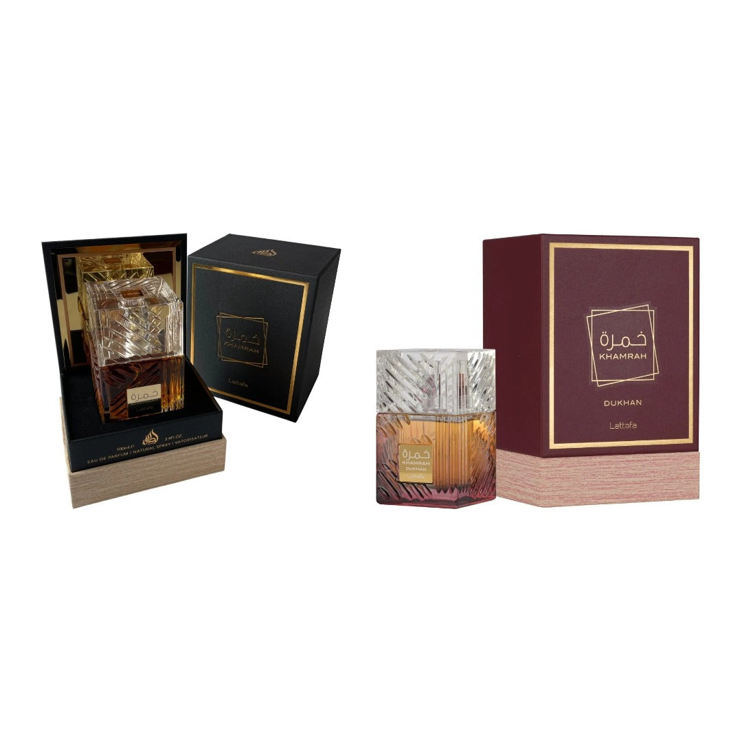 COMBO LATTAFA KHAMRAH + KHAMRAH DUKHAN con estuches - Perfumería Millennio