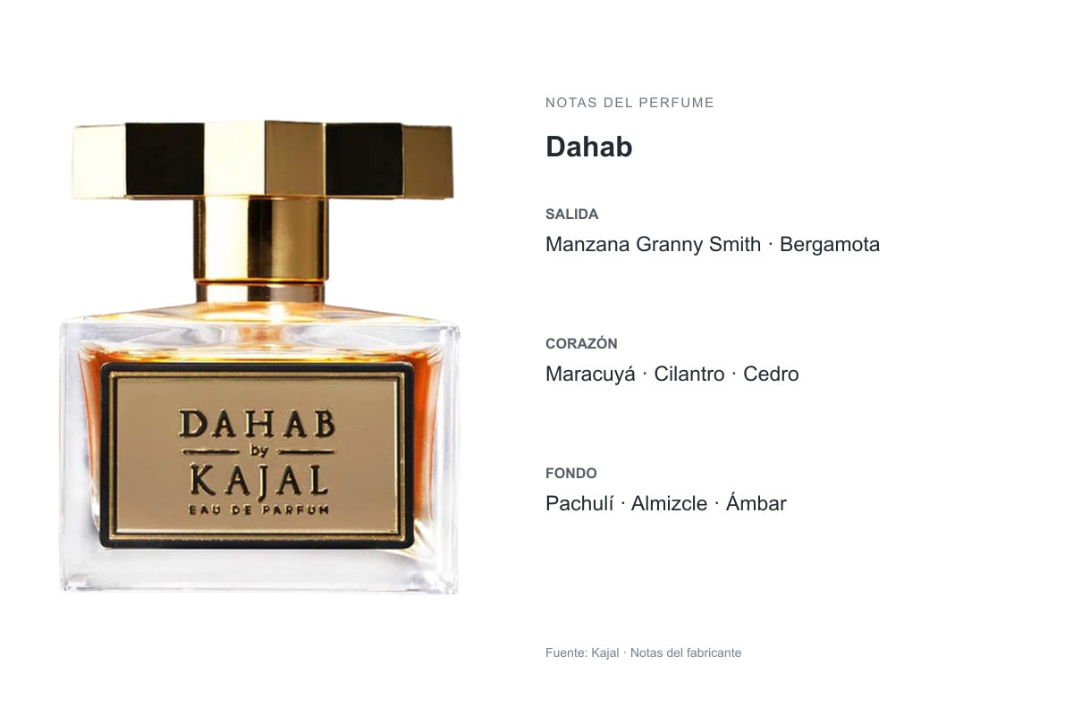 PERFUME KAJAL DAHAB: frasco original y notas publicadas por Kajal. Salida: Manzana Granny Smith, Bergamota. Corazón: Maracuyá, Cilantro, Cedro. Fondo: Pachulí, Almizcle, Ámbar.