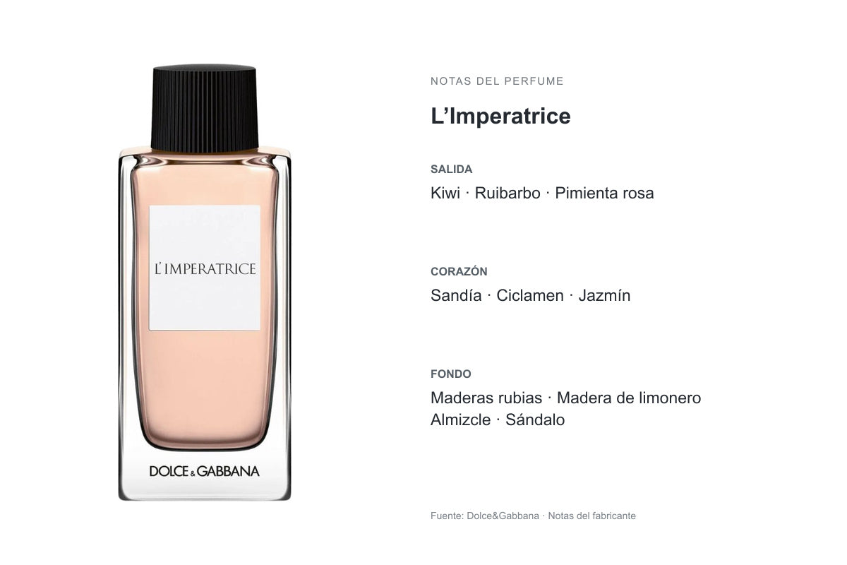 PERFUME DOLCE & GABBANA L'IMPERATRICE: frasco original y notas publicadas por Dolce&Gabbana. Salida: Kiwi, Ruibarbo, Pimienta rosa. Corazón: Sandía, Ciclamen, Jazmín. Fondo: Maderas rubias, Madera de limonero, Almizcle, Sándalo.