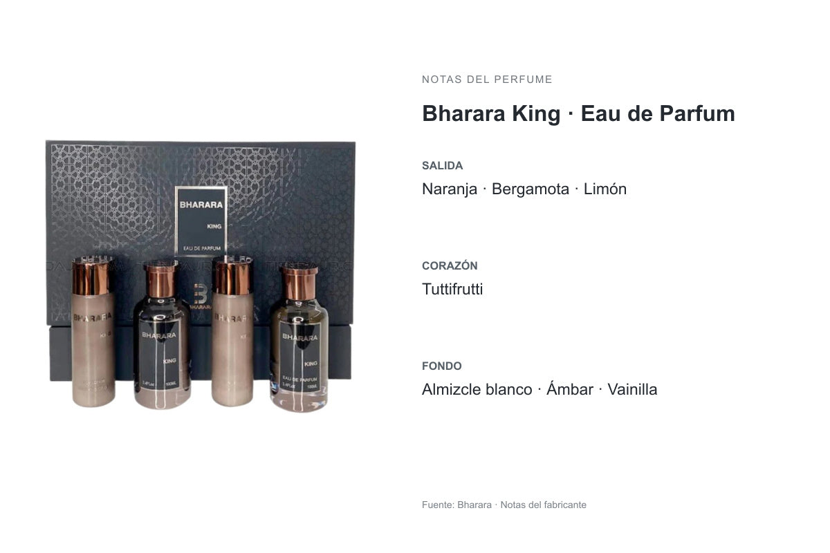 ESTUCHE BHARARA KING SET X4: frasco original y notas publicadas por Bharara. Salida: Naranja, Bergamota, Limón. Corazón: Tuttifrutti. Fondo: Almizcle blanco, Ámbar, Vainilla.