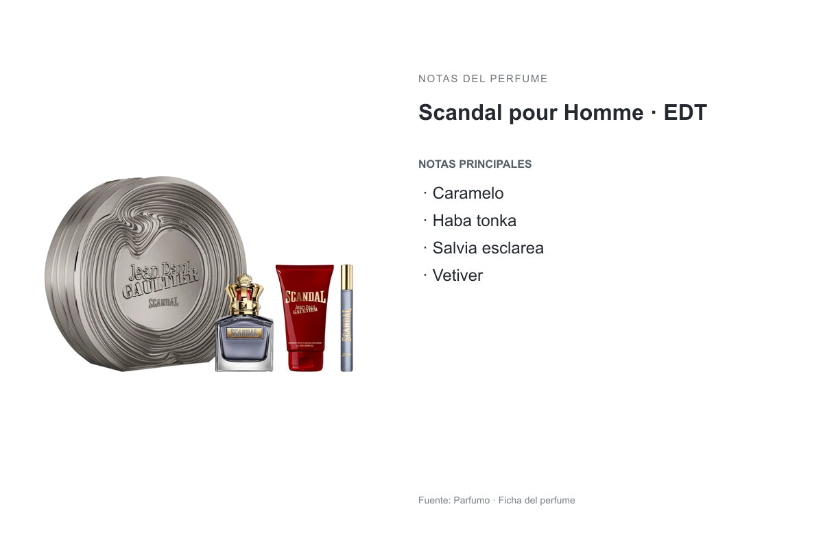 ESTUCHE JEAN PAUL GAULTIER SCANDAL: frasco original y notas publicadas por Parfumo. Notas principales: Caramelo, Haba tonka, Salvia esclarea, Vetiver.
