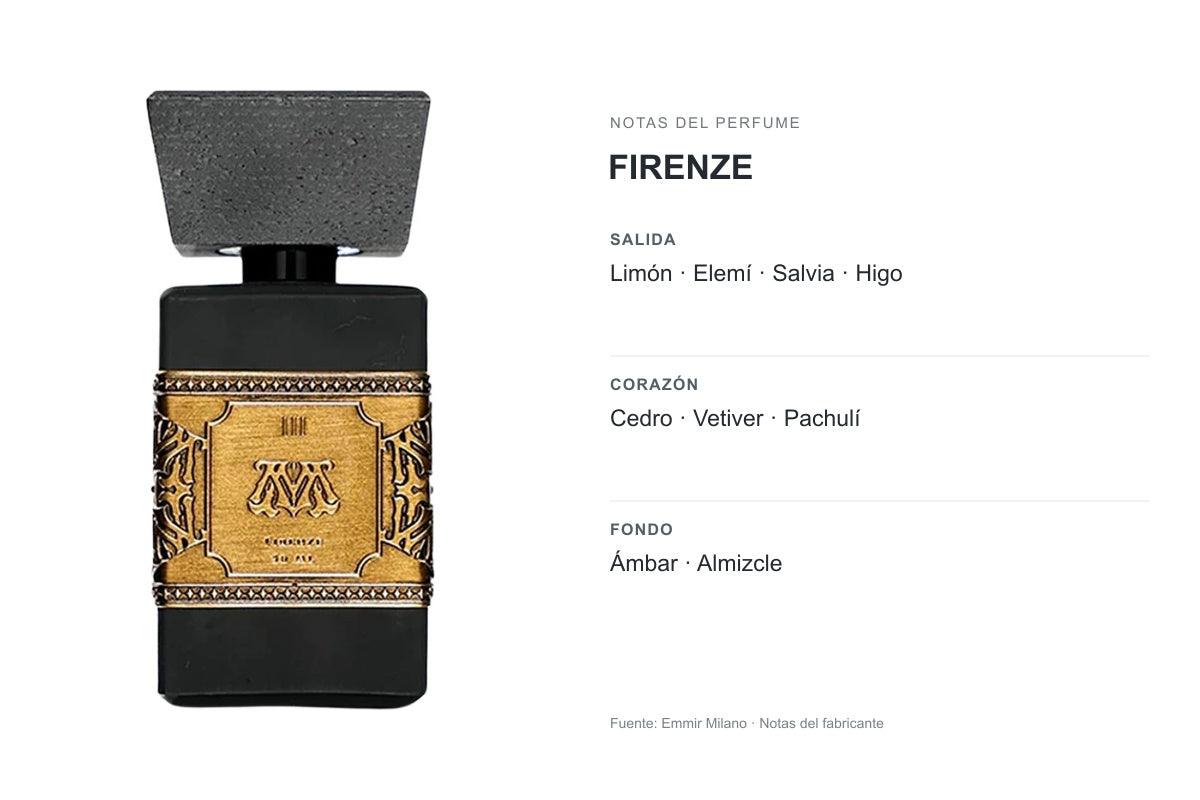 PERFUME EMMIR MILANO FIRENZE: frasco original y notas publicadas por Emmir Milano. Salida: Limón, Elemí, Salvia, Higo. Corazón: Cedro, Vetiver, Pachulí. Fondo: Ámbar, Almizcle.