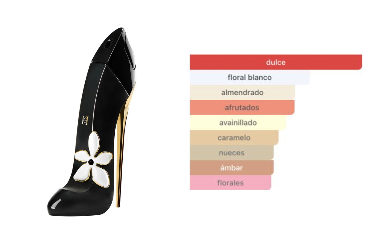 CAROLINA HERRERA GOOD GIRL JASMINE ABSOLU: frasco original del producto y perfil olfativo de Fragrantica. Acordes: dulce, floral blanco, almendrado, afrutados, avainillado, caramelo, nueces, ámbar, florales.