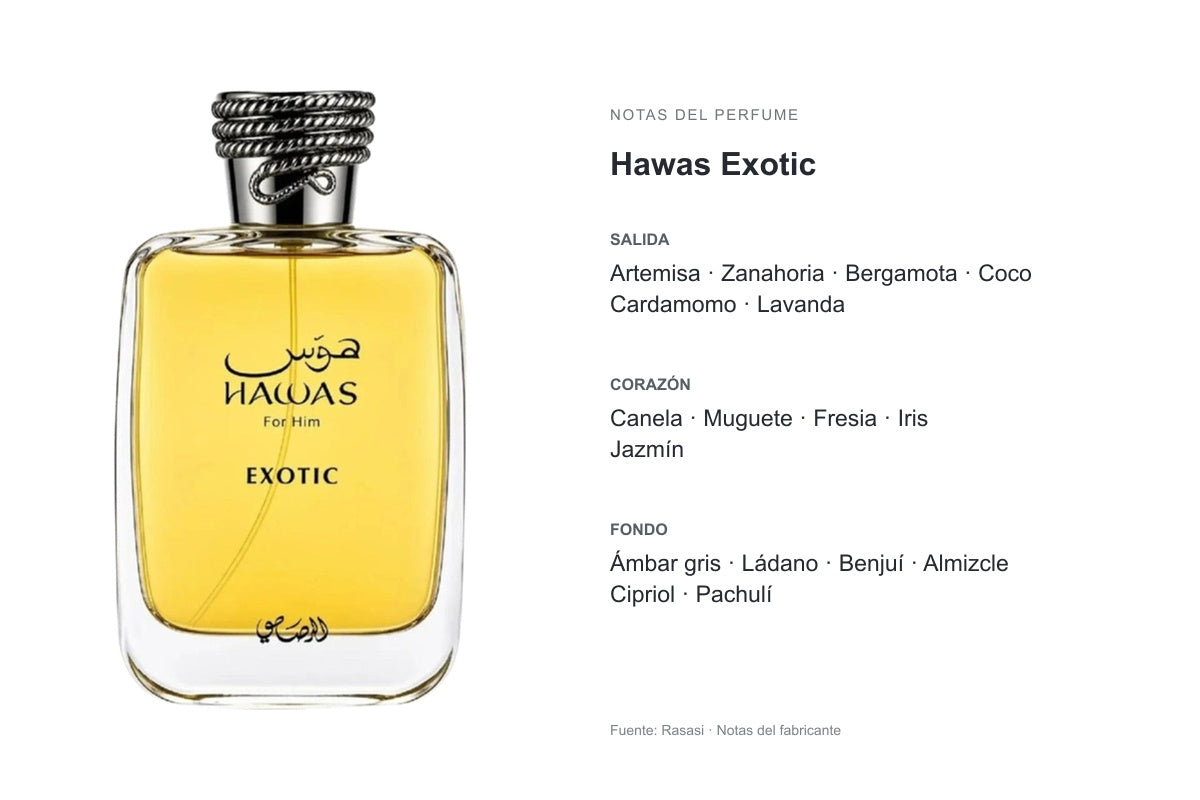 PERFUME RASASI HAWAS EXOTIC: frasco original y notas publicadas por Rasasi. Salida: Artemisa, Zanahoria, Bergamota, Coco, Cardamomo, Lavanda. Corazón: Canela, Muguete, Fresia, Iris, Jazmín. Fondo: Ámbar gris, Ládano, Benjuí, Almizcle, Cipriol, Pachulí.
