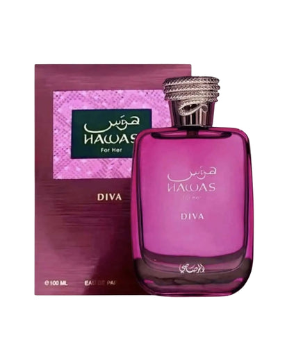 Rasasi Hawas Diva Eau de Parfum 100ml caja y frasco perfume árabe oriental lichi rosa vainilla