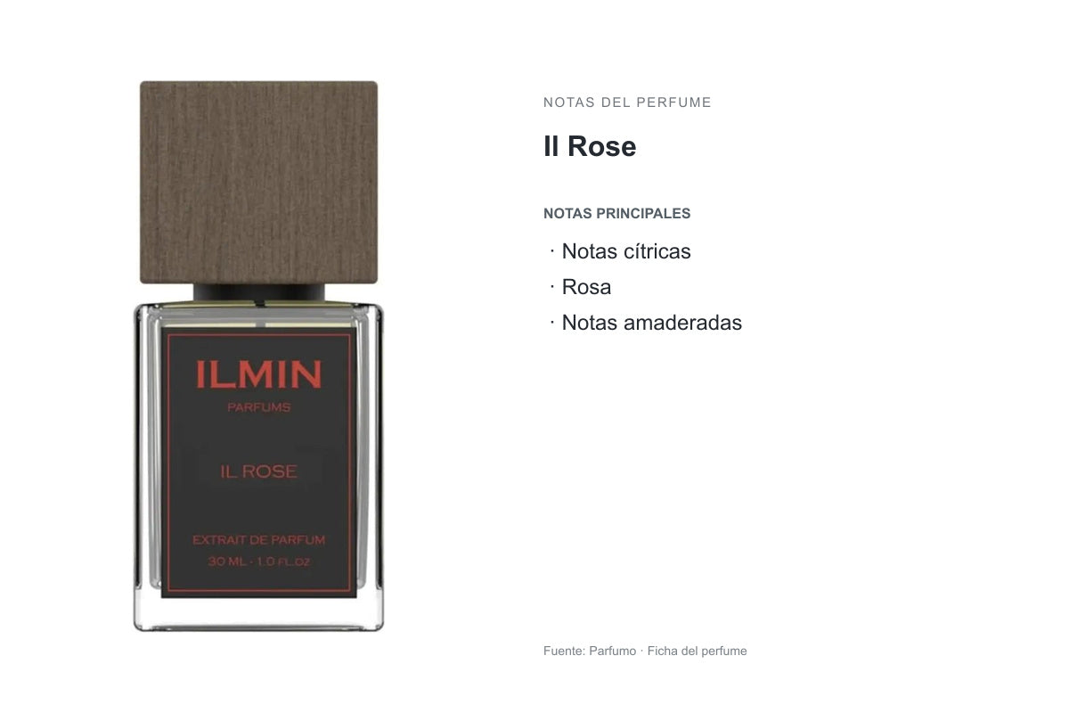 PERFUME ILMIN IL ROSE: frasco original y notas publicadas por Parfumo. Notas principales: Notas cítricas, Rosa, Notas amaderadas.