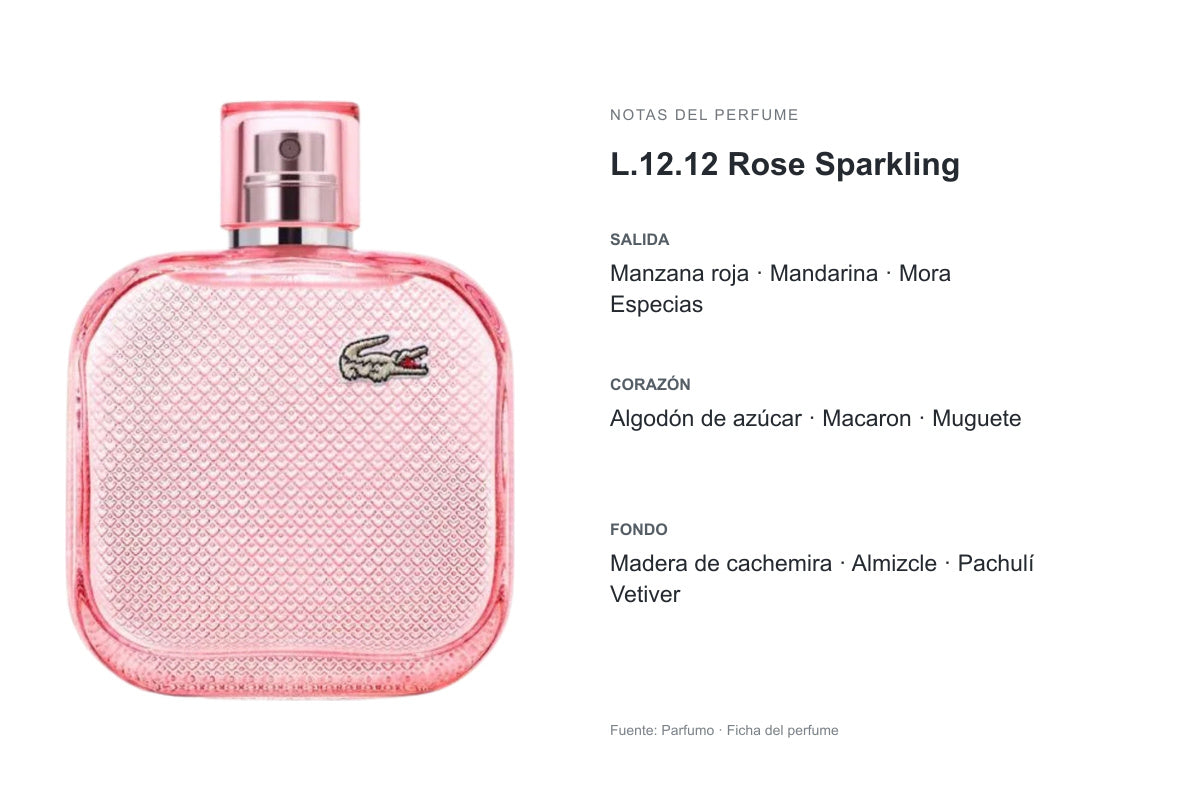 PERFUME LACOSTE ROSE SPARKLING: frasco original y notas publicadas por Parfumo. Salida: Manzana roja, Mandarina, Mora, Especias. Corazón: Algodón de azúcar, Macaron, Muguete. Fondo: Madera de cachemira, Almizcle, Pachulí, Vetiver.