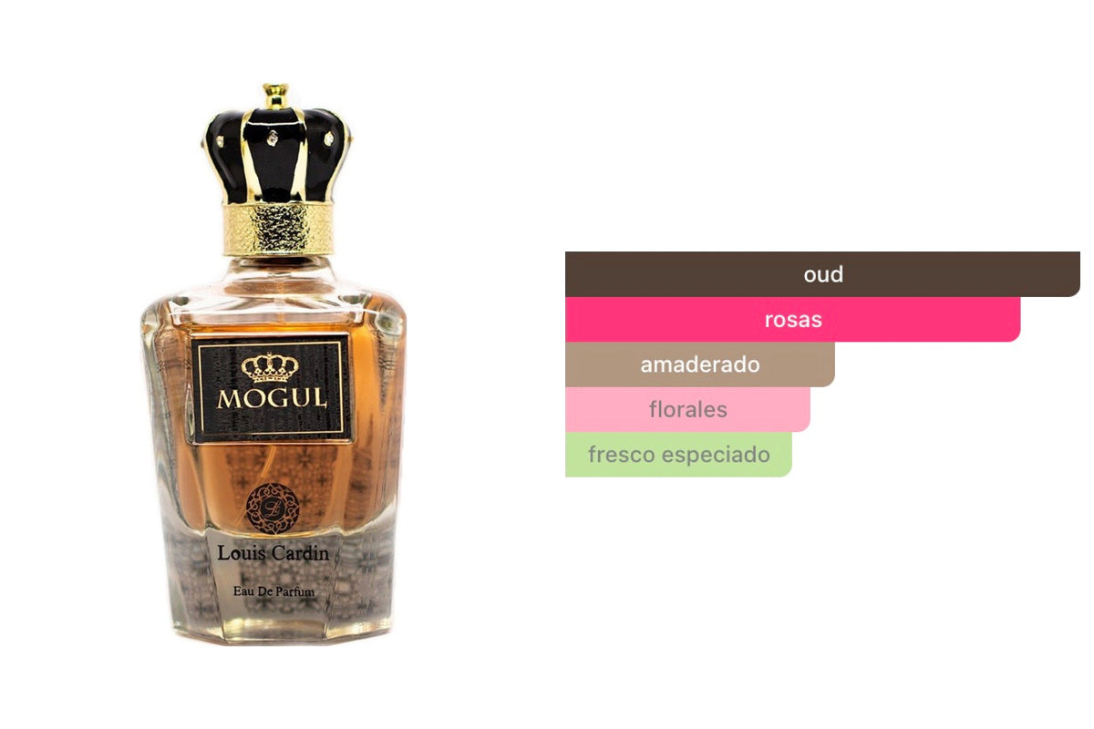 LOUIS CARDIN MOGUL: frasco original del producto y perfil olfativo de Fragrantica. Acordes: oud, rosas, amaderado, florales, fresco especiado.