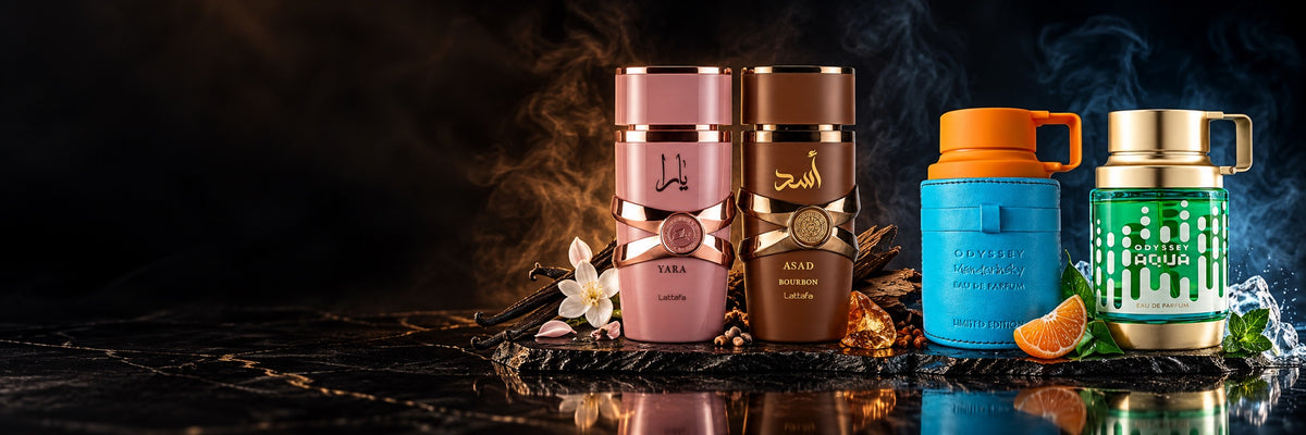 Combos Yara Elixir y Asad Bourbon, Odyssey Mandarin Sky y Aqua sobre piedra negra