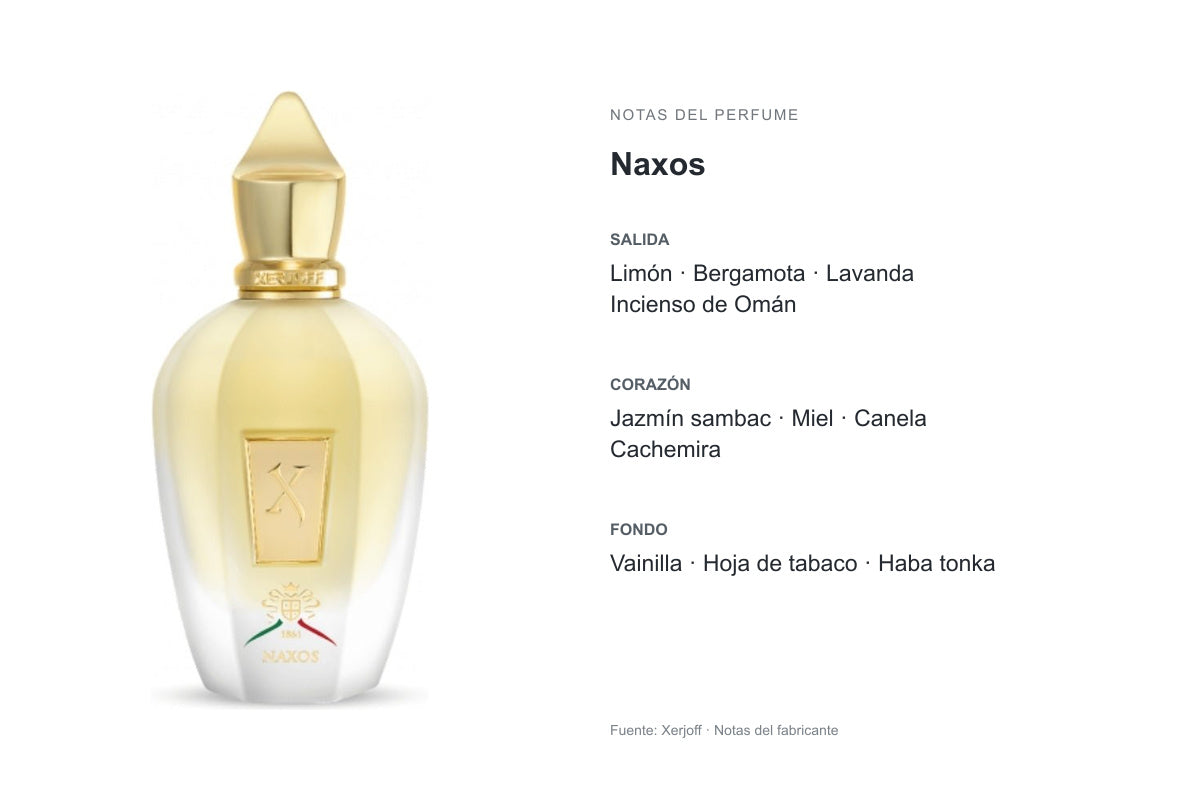 PERFUME XERJOFF XJ 1861 NAXOS: frasco original y notas publicadas por Xerjoff. Salida: Limón, Bergamota, Lavanda, Incienso de Omán. Corazón: Jazmín sambac, Miel, Canela, Cachemira. Fondo: Vainilla, Hoja de tabaco, Haba tonka.