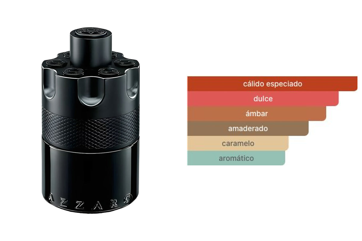 AZZARO THE MOST WANTED EDP INTENSE: frasco original del producto y perfil olfativo de Fragrantica. Acordes: cálido especiado, dulce, ámbar, amaderado, caramelo, aromático.
