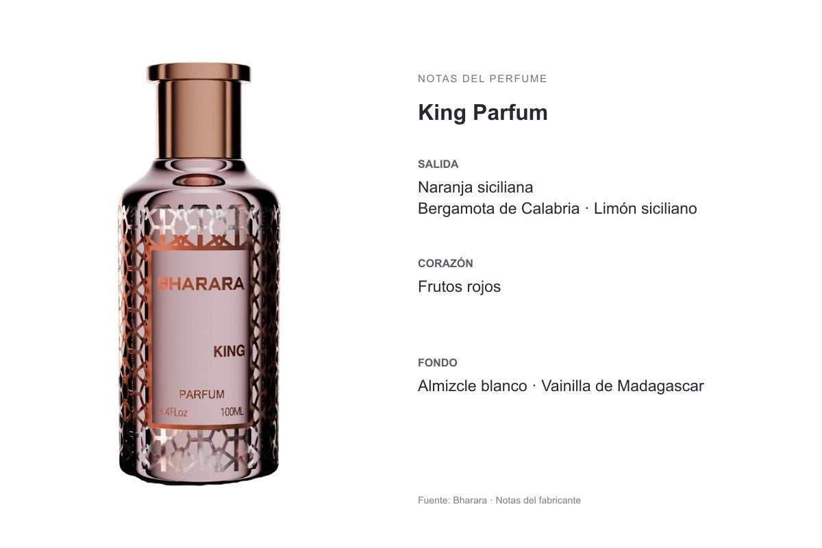 PERFUME BHARARA KING PARFUM: frasco original y notas publicadas por Bharara. Salida: Naranja siciliana, Bergamota de Calabria, Limón siciliano. Corazón: Frutos rojos. Fondo: Almizcle blanco, Vainilla de Madagascar.