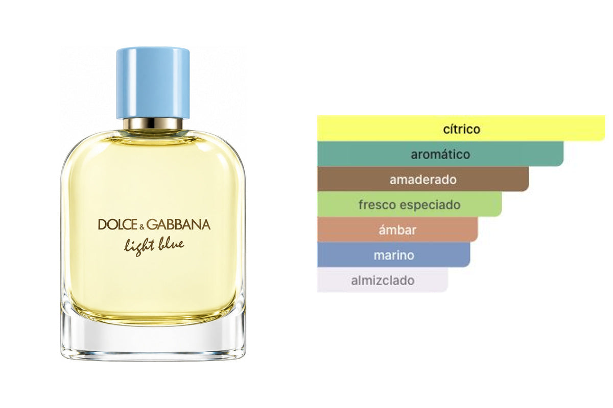 DOLCE & GABANNA LIGHT BLUE POUR HOMME EDP: frasco original del producto y perfil olfativo de Fragrantica. Acordes: cítrico, aromático, amaderado, fresco especiado, ámbar, marino, almizclado.