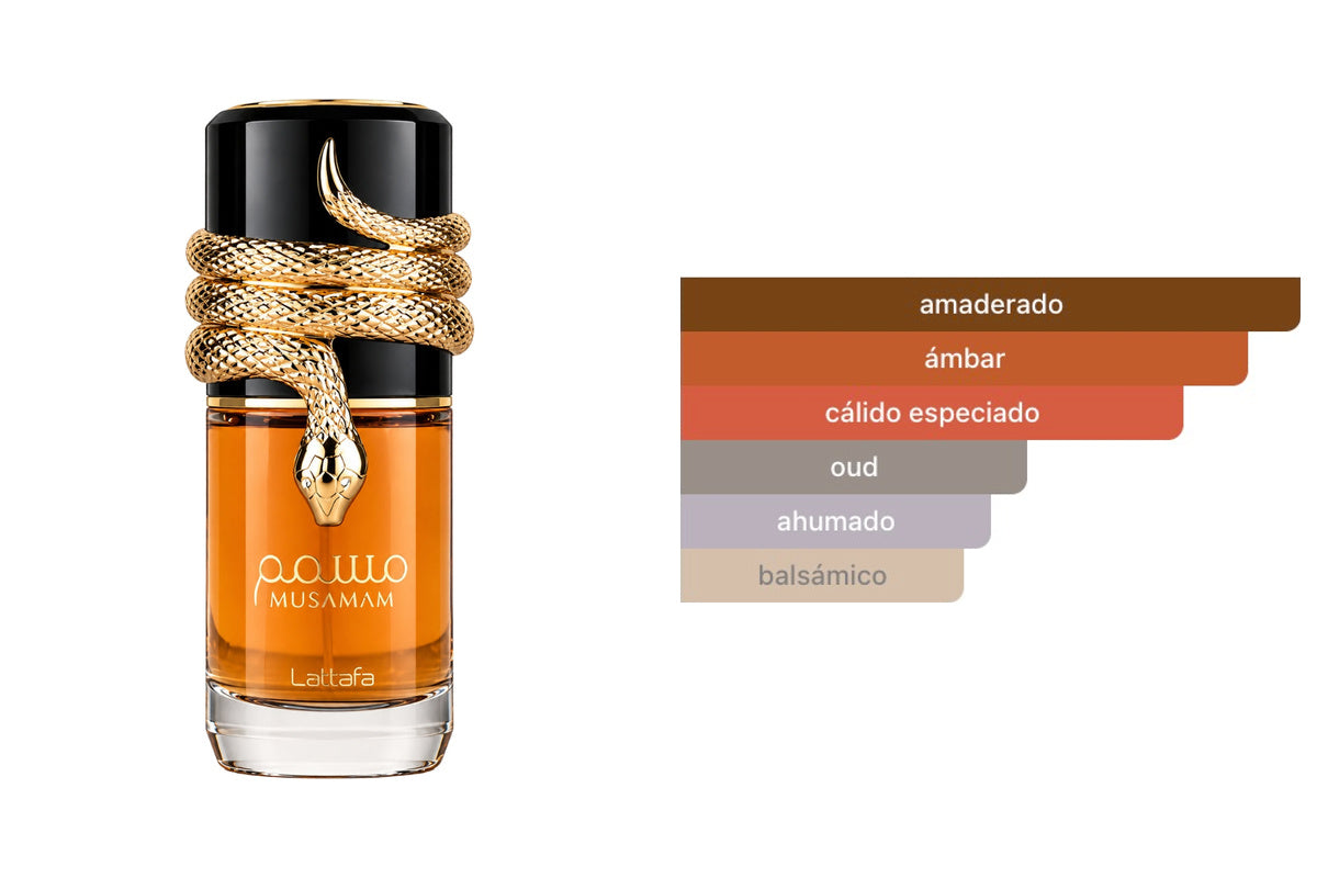 LATTAFA MUSAMAM: frasco original del producto y perfil olfativo de Fragrantica. Acordes: amaderado, ámbar, cálido especiado, oud, ahumado, balsámico.