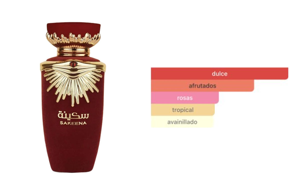 LATTAFA SAKEENA: frasco original del producto y perfil olfativo de Fragrantica. Acordes: dulce, afrutados, rosas, tropical, avainillado.