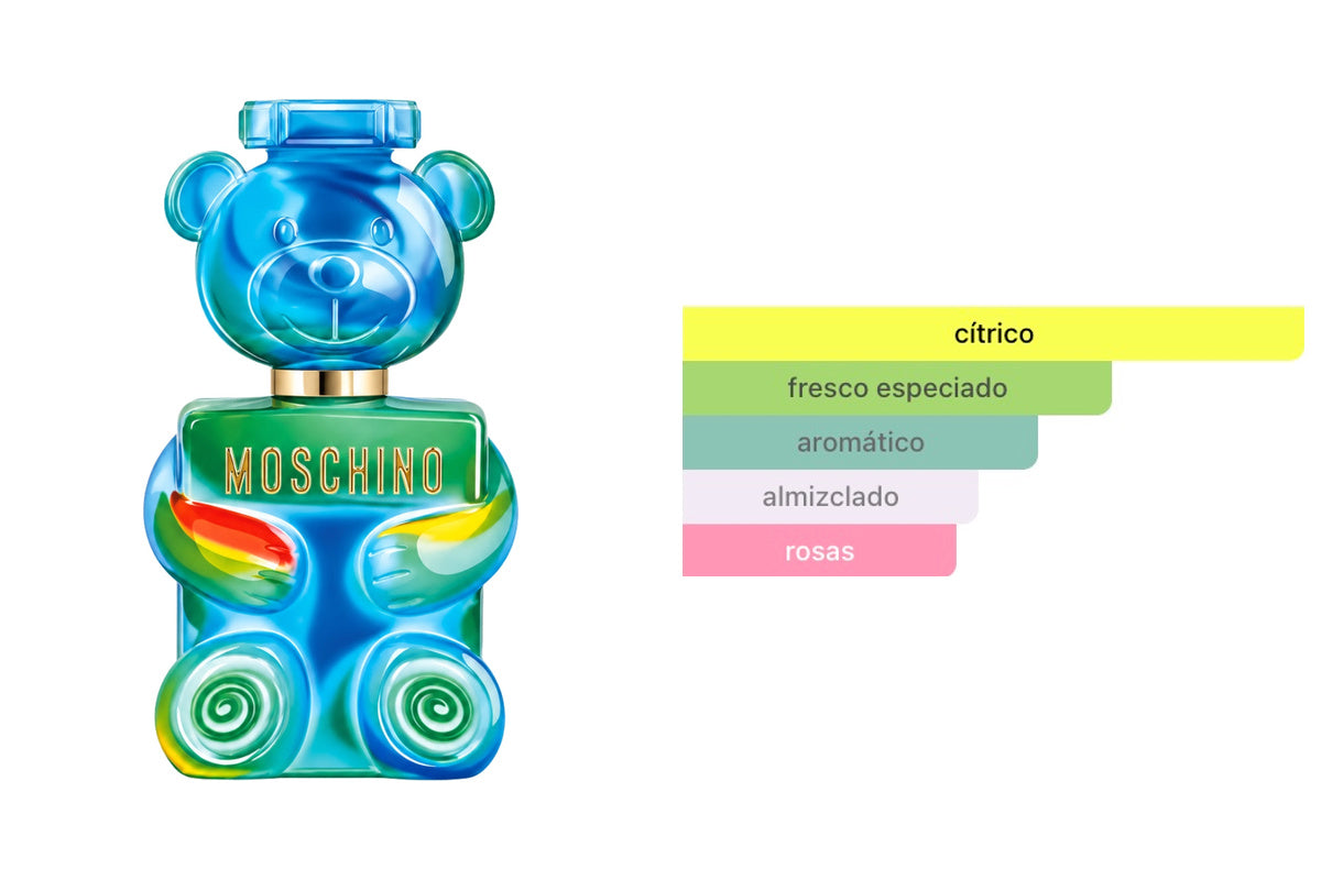 MOSCHINO TOY 2 YUMMY: frasco original del producto y perfil olfativo de Fragrantica. Acordes: cítrico, fresco especiado, aromático, almizclado, rosas.