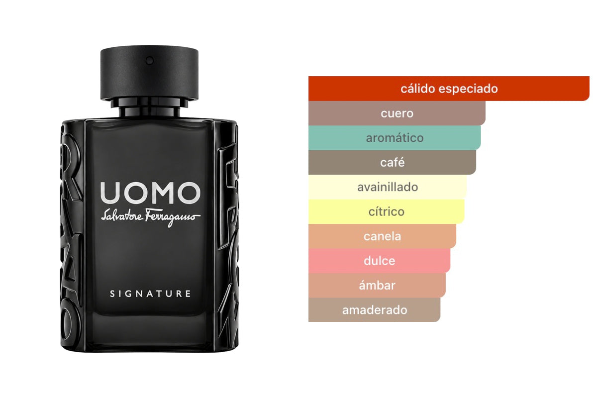 SALVATORE FERRAGAMO UOMO SIGNATURE: frasco original del producto y perfil olfativo de Fragrantica. Acordes: cálido especiado, cuero, aromático, café, avainillado, cítrico, canela, dulce, ámbar, amaderado.