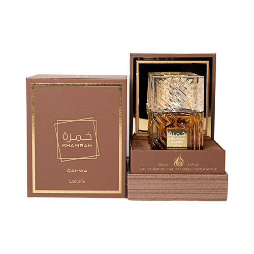 Lattafa Khamrah Qahwa EDP - Fragancia árabe unisex con canela y praliné