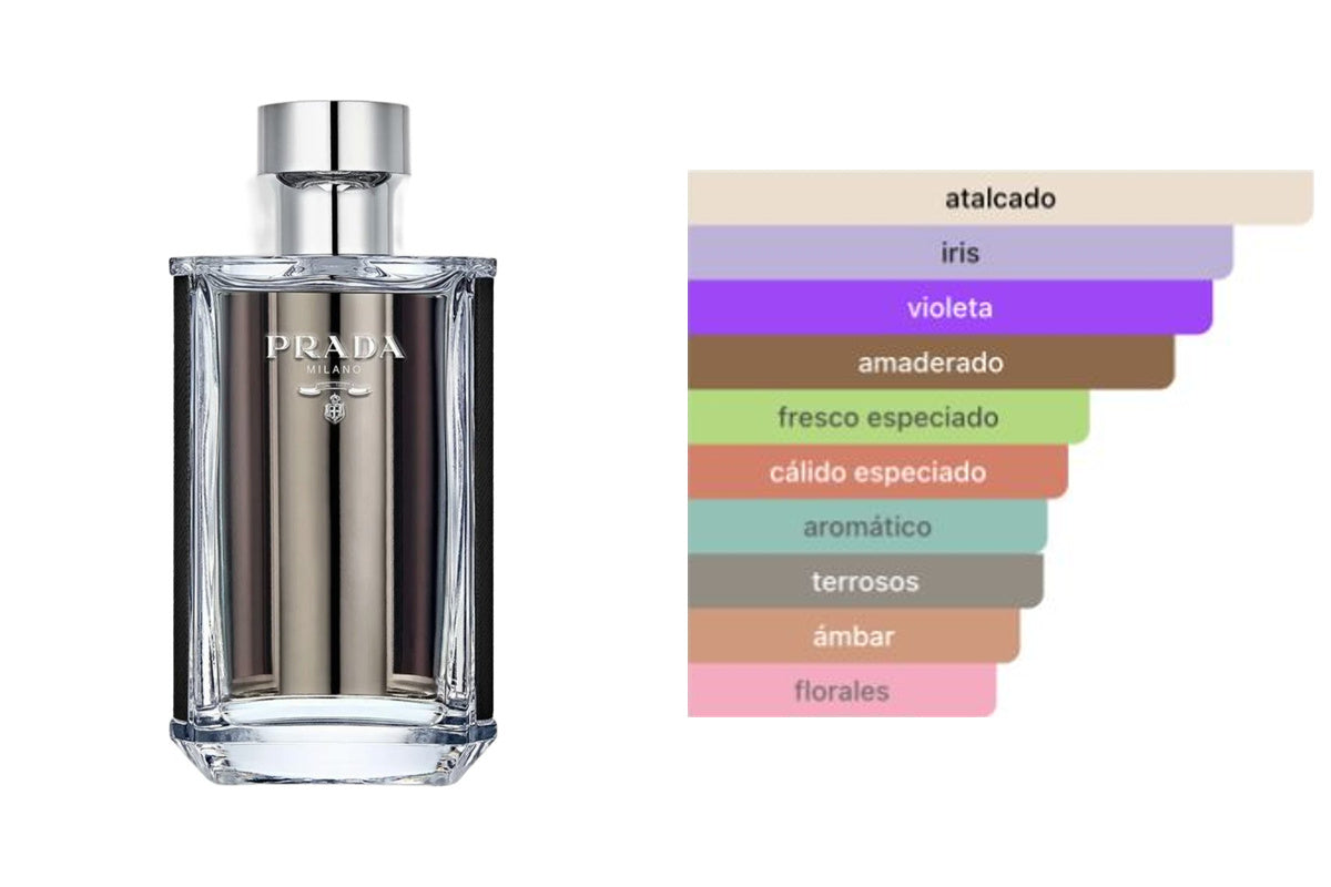 PRADA L´HOMME: frasco original del producto y perfil olfativo de Fragrantica. Acordes: atalcado, iris, violeta, amaderado, fresco especiado, cálido especiado, aromático, terrosos, ámbar, florales.