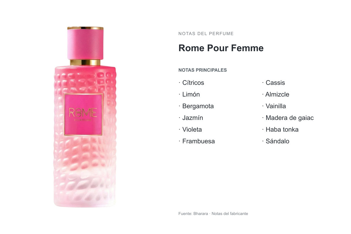 PERFUME BHARARA MAST PERFUME ROME POUR FEMME: frasco original y notas publicadas por Bharara. Notas principales: Cítricos, Limón, Bergamota, Jazmín, Violeta, Frambuesa, Cassis, Almizcle, Vainilla, Madera de gaiac, Haba tonka, Sándalo.