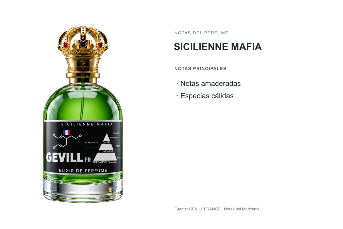 PERFUME GEVILL FRANCE SICILIENNE MAFIA: frasco original y notas publicadas por GEVILL FRANCE. Notas principales: Notas amaderadas, Especias cálidas.