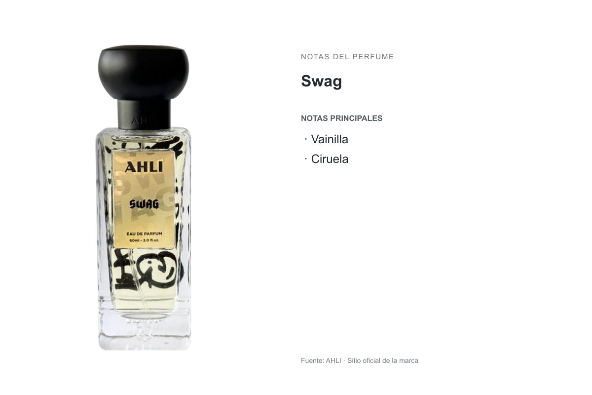 PERFUME AHLI SWAG: frasco original y notas publicadas por AHLI. Notas principales: Vainilla, Ciruela.