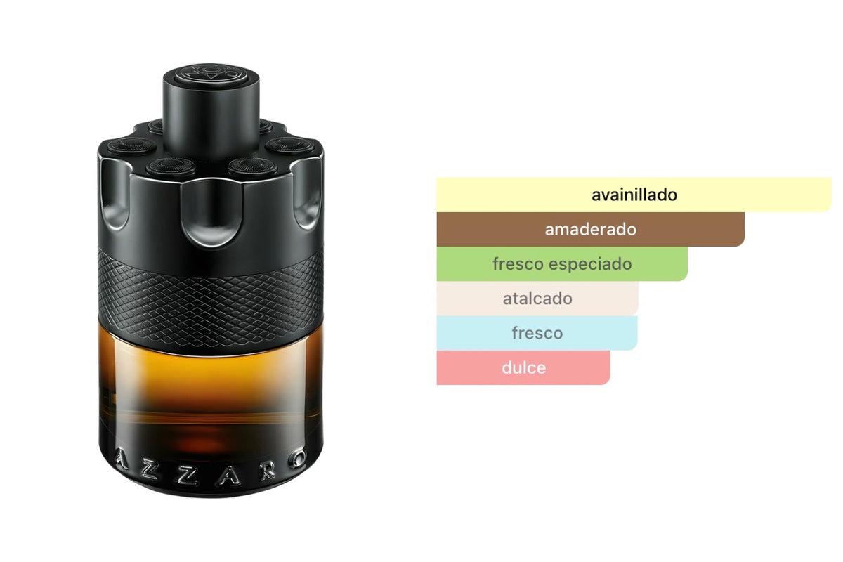 AZZARO THE MOST WANTED PARFUM: frasco original del producto y perfil olfativo de Fragrantica. Acordes: avainillado, amaderado, fresco especiado, atalcado, fresco, dulce.