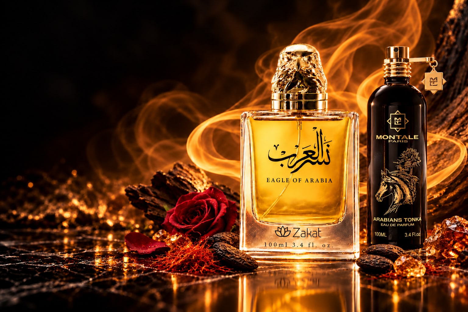 Eagle of Arabia Zakat protagonista junto a Montale Arabians Tonka, unidos por una estela ámbar y notas de rosa, azafrán, oud y haba tonka