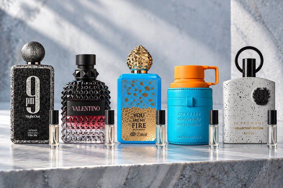 Fragancias disponibles en decants: 9 PM Night Out de Afnan, Uomo Born in Roma Intense de Valentino, You Are My Fire de Zakat, Odyssey Mandarin Sky de Armaf y Supremacy Collector’s Edition de Afnan