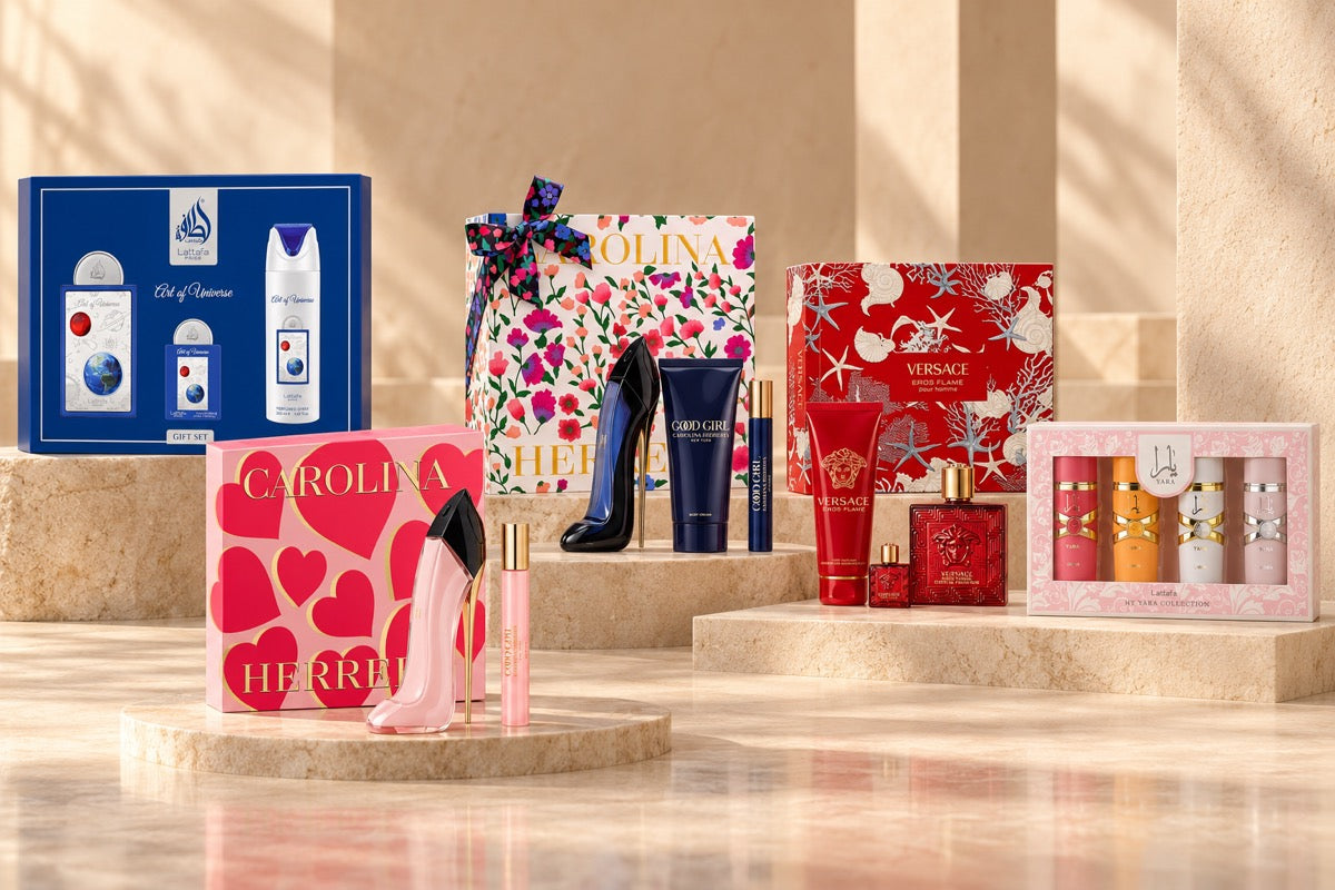 Estuches de Lattafa Art of Universe, Carolina Herrera Good Girl Blush, Carolina Herrera Good Girl, Versace Eros Flame y Lattafa Yara Mini Collection