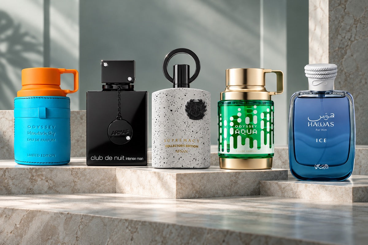 Odyssey Mandarin Sky de Armaf, Club de Nuit Intense Man de Armaf, Odyssey Aqua de Armaf, Hawas Ice de Rasasi y Supremacy Collector’s Edition de Afnan