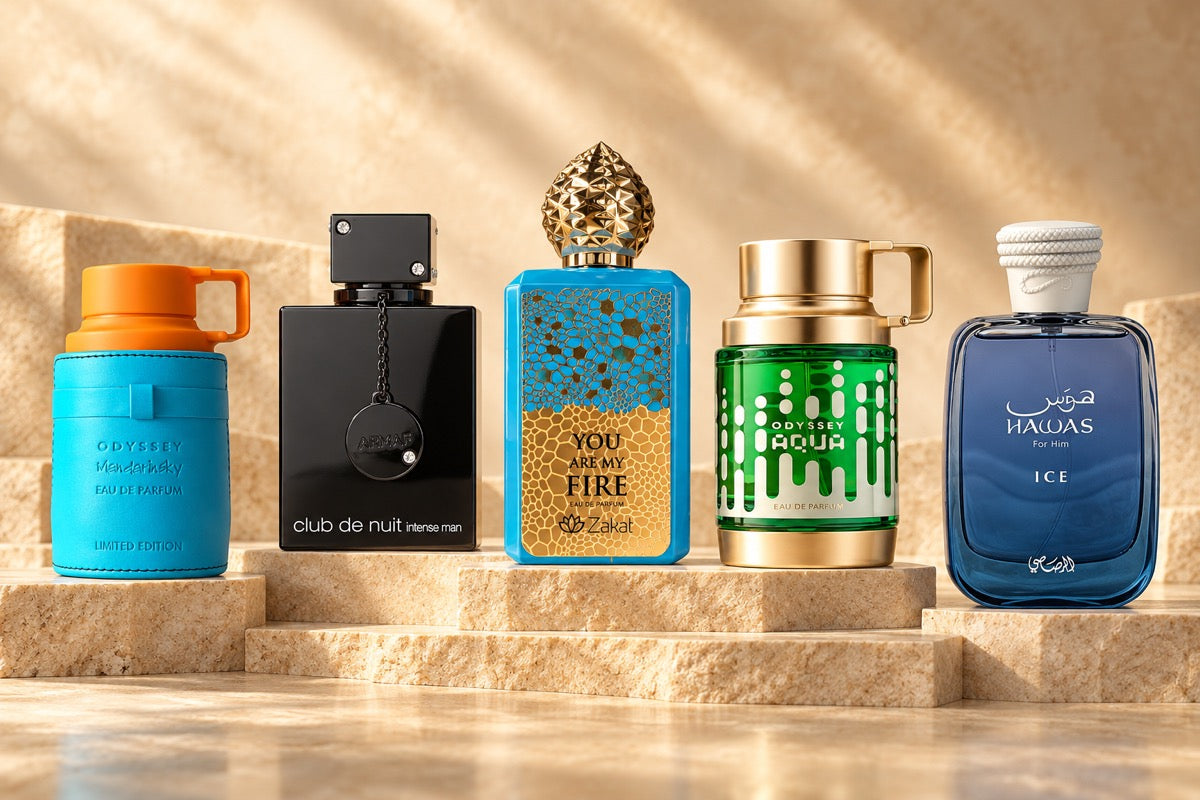 Odyssey Mandarin Sky de Armaf, Club de Nuit Intense Man de Armaf, You Are My Fire de Zakat, Odyssey Aqua de Armaf y Hawas Ice de Rasasi
