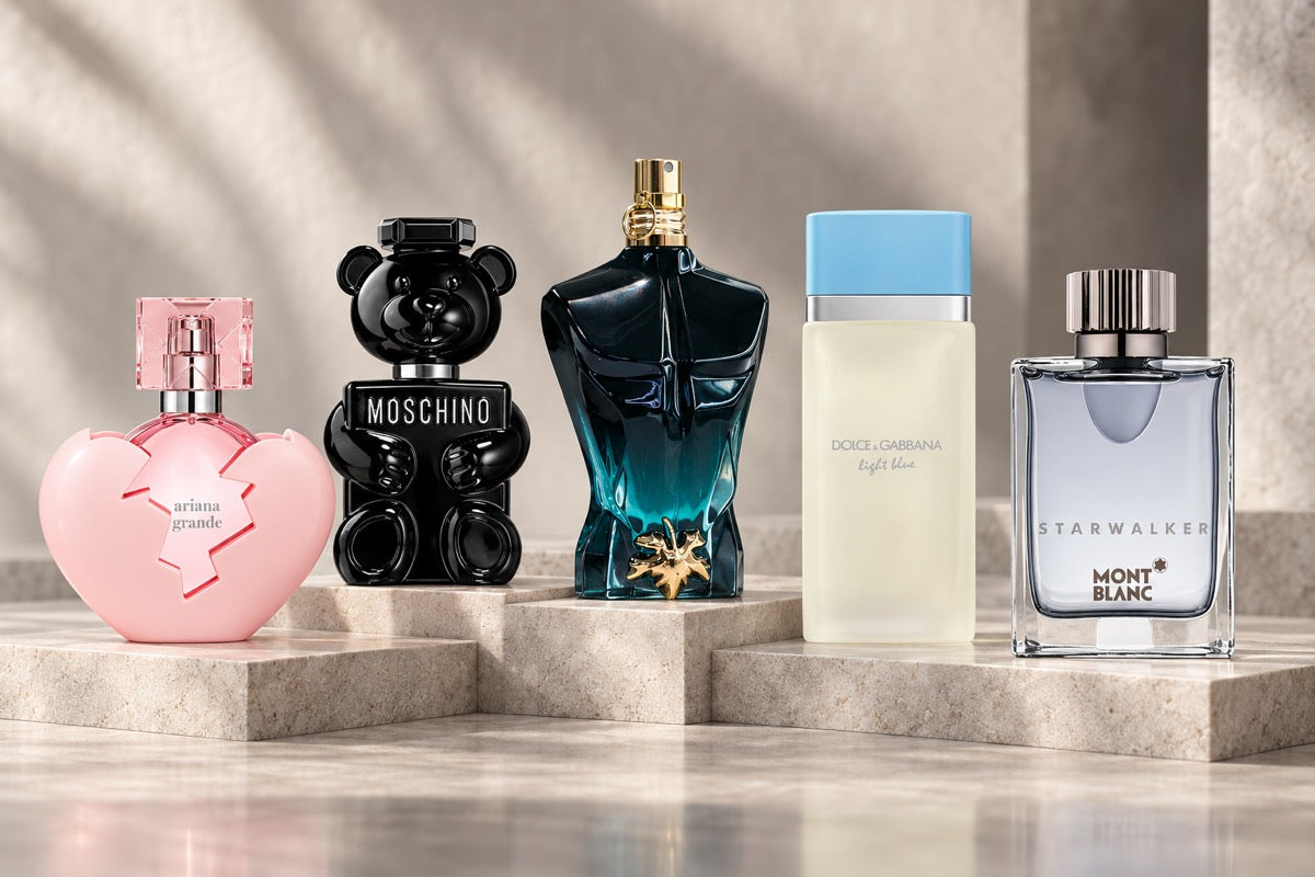 Thank U Next de Ariana Grande, Toy Boy de Moschino, Le Beau Le Parfum de Jean Paul Gaultier, Light Blue de Dolce & Gabbana y Starwalker de Montblanc